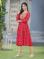 Juniper Women Red Rayon Festive Foil Printed Anarkali Flared Anarkali Kurta - Distacart