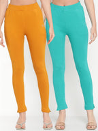 TAG 7 Women Pack of 2 Mustard Yellow & Turquoise Blue Solid Kurti Pants