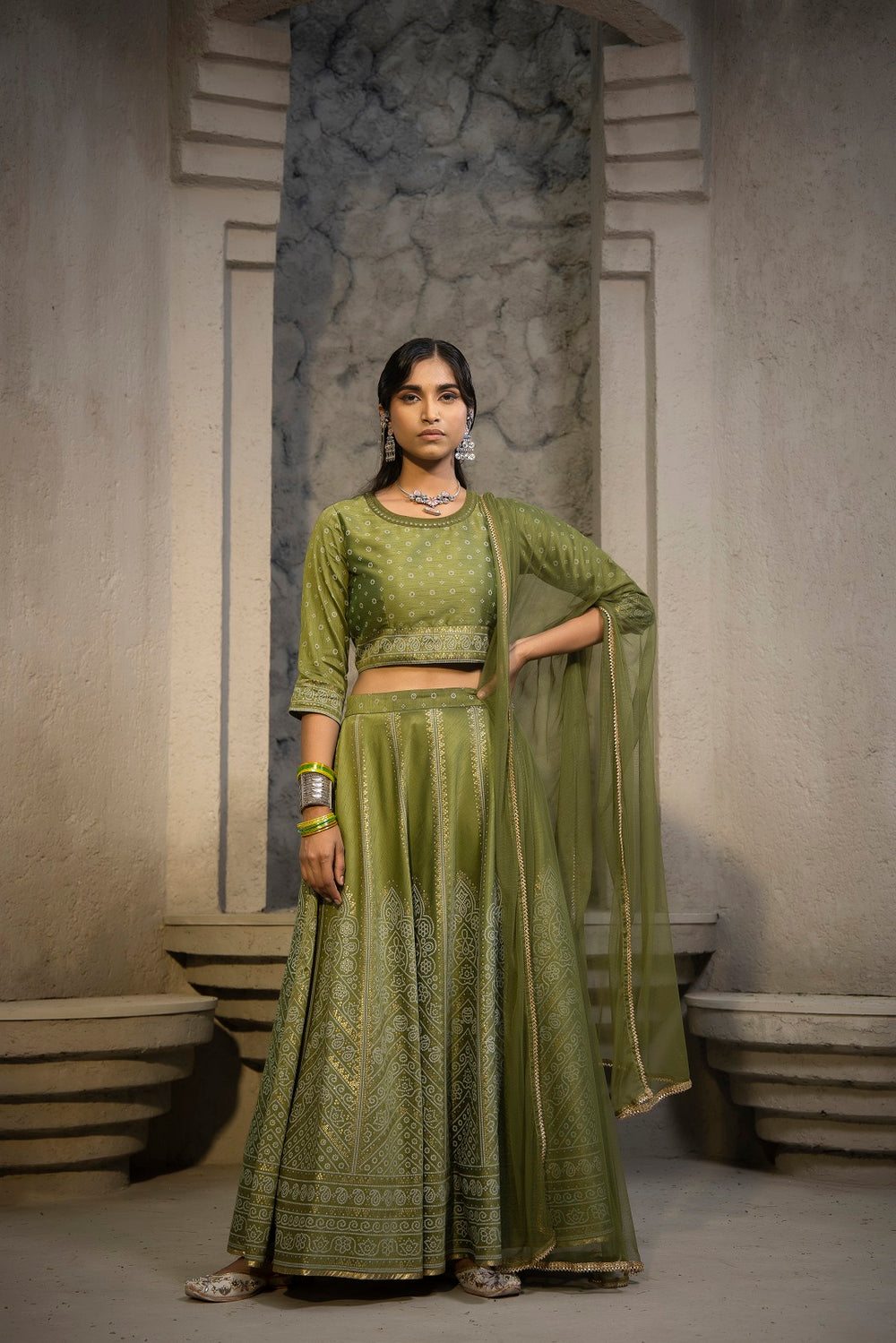 Juniper Green Santoon Slub Festive Printed Crop Lehenga Choli Dupatta For Women - Distacart