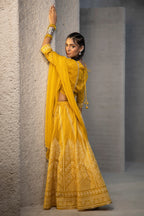 Juniper Mustard Santoon Slub Festive Printed Crop Lehenga Choli Dupatta Set - Distacart