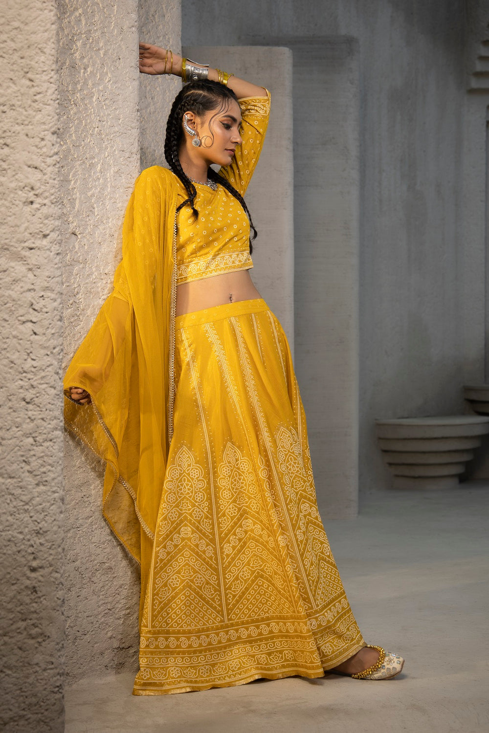 Juniper Mustard Santoon Slub Festive Printed Crop Lehenga Choli Dupatta Set - Distacart