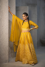 Juniper Mustard Santoon Slub Festive Printed Crop Lehenga Choli Dupatta Set - Distacart
