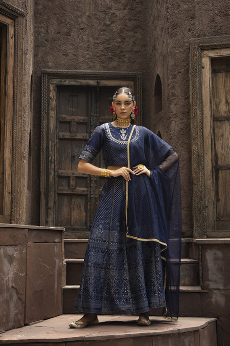 Juniper Navy Dull Satin Festive Embroidered Printed Crop Lehenga Choli Dupatta For Women