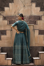 Juniper Teal Dull Satin Festive Embroidered Printed Crop Lehenga Choli Dupatta Set - Distacart