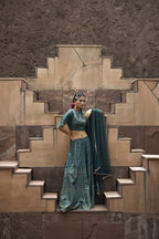 Juniper Teal Dull Satin Festive Embroidered Printed Crop Lehenga Choli Dupatta Set - Distacart