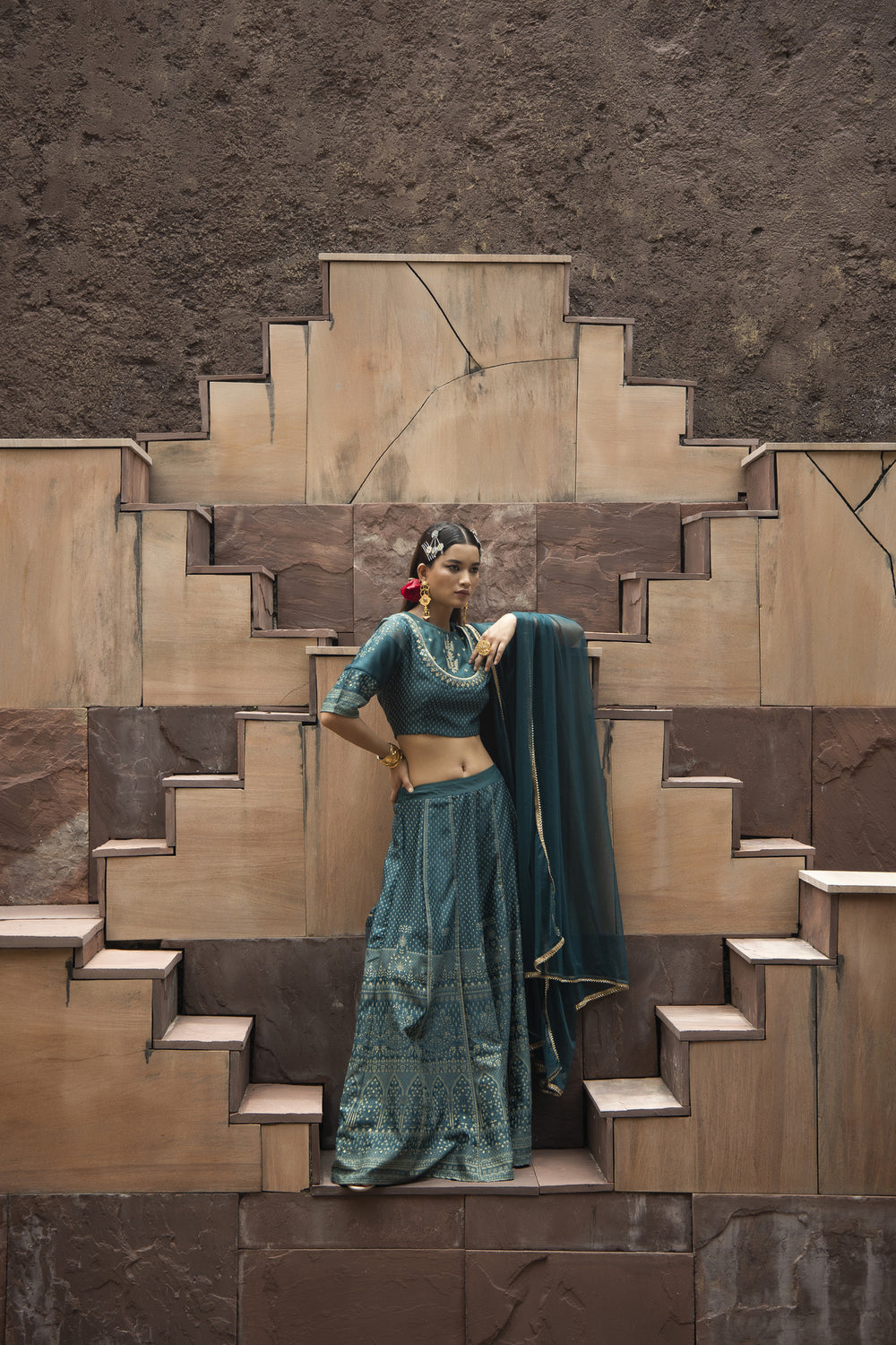 Juniper Teal Dull Satin Festive Embroidered Printed Crop Lehenga Choli Dupatta Set - Distacart