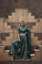 Juniper Teal Dull Satin Festive Embroidered Printed Crop Lehenga Choli Dupatta Set - Distacart