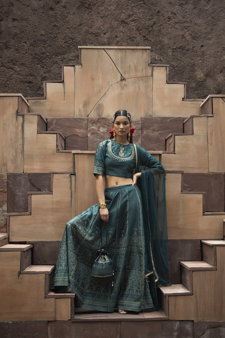 Juniper Teal Dull Satin Festive Embroidered Printed Crop Lehenga Choli Dupatta Set