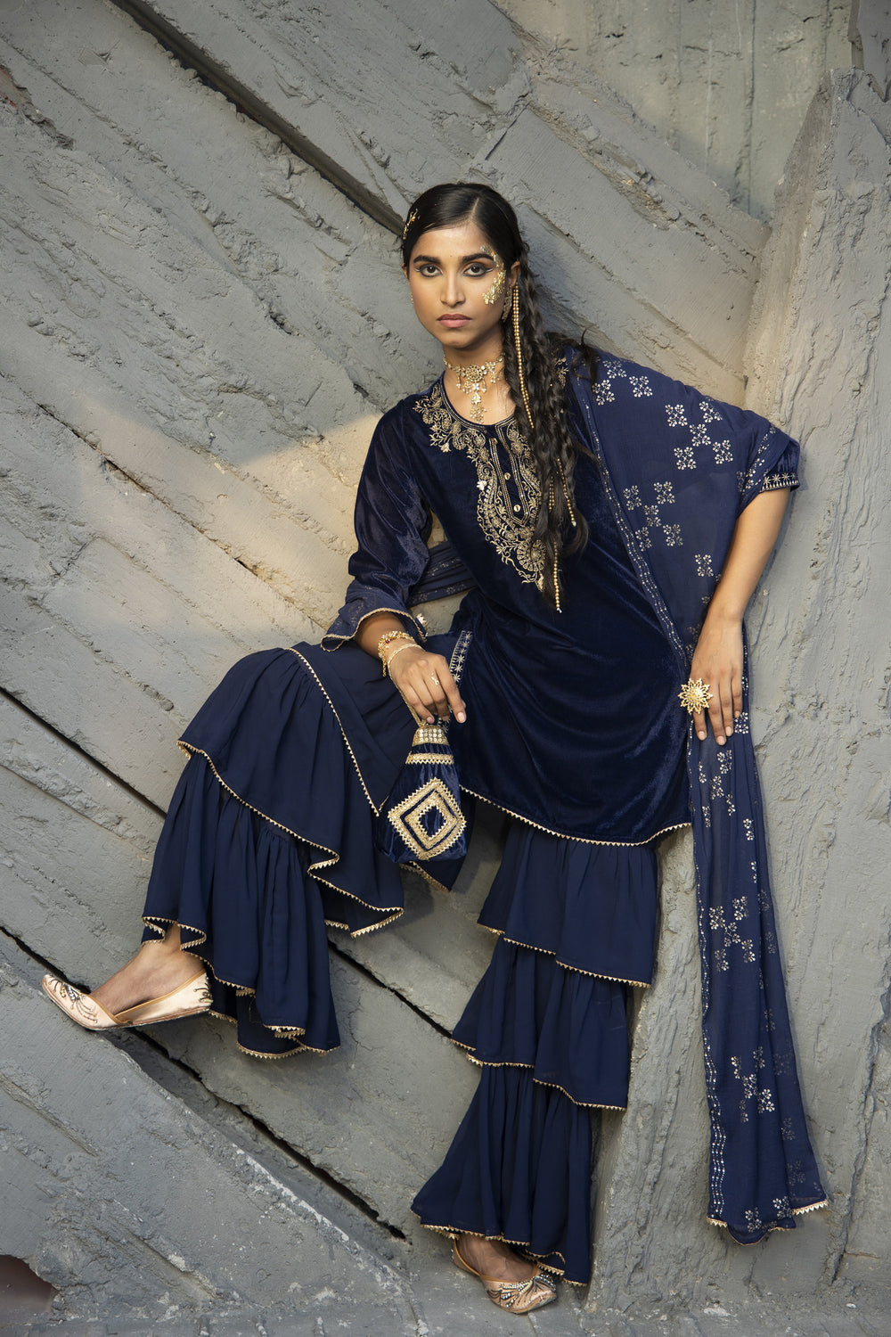 Juniper Blue Velvet Festive Solid Straight kurta Sharara Set For Women - Distacart