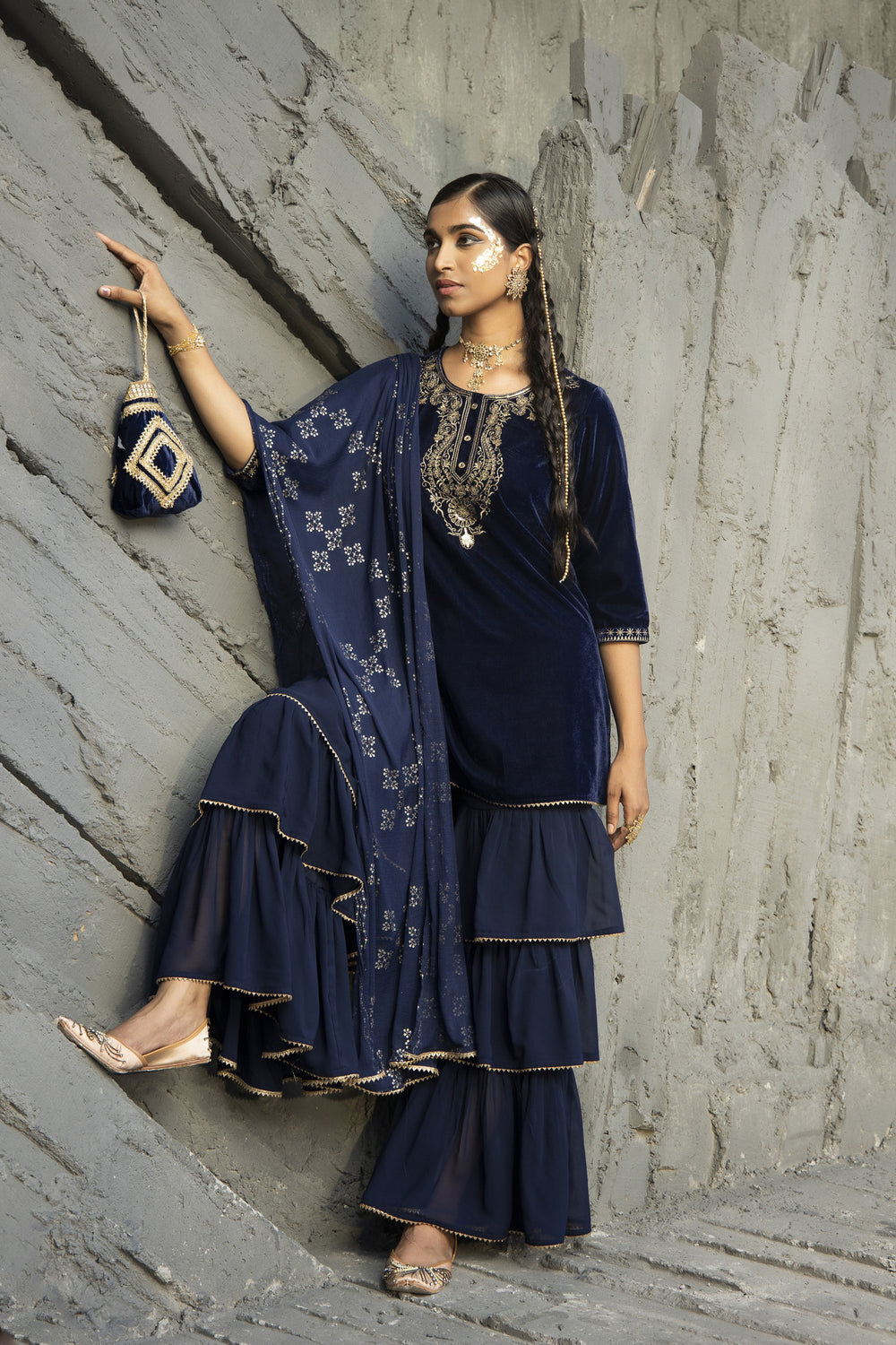 Juniper Blue Velvet Festive Solid Straight kurta Sharara Set For Women - Distacart