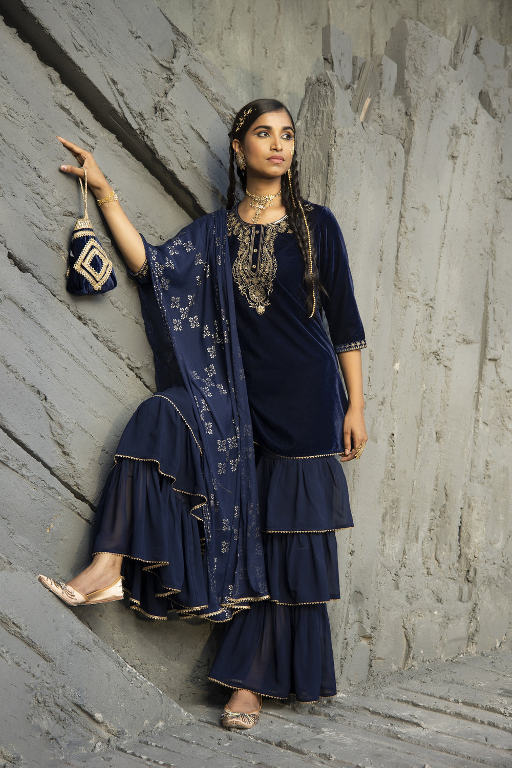 Juniper Blue Velvet Festive Solid Straight kurta Sharara Set For Women - Distacart