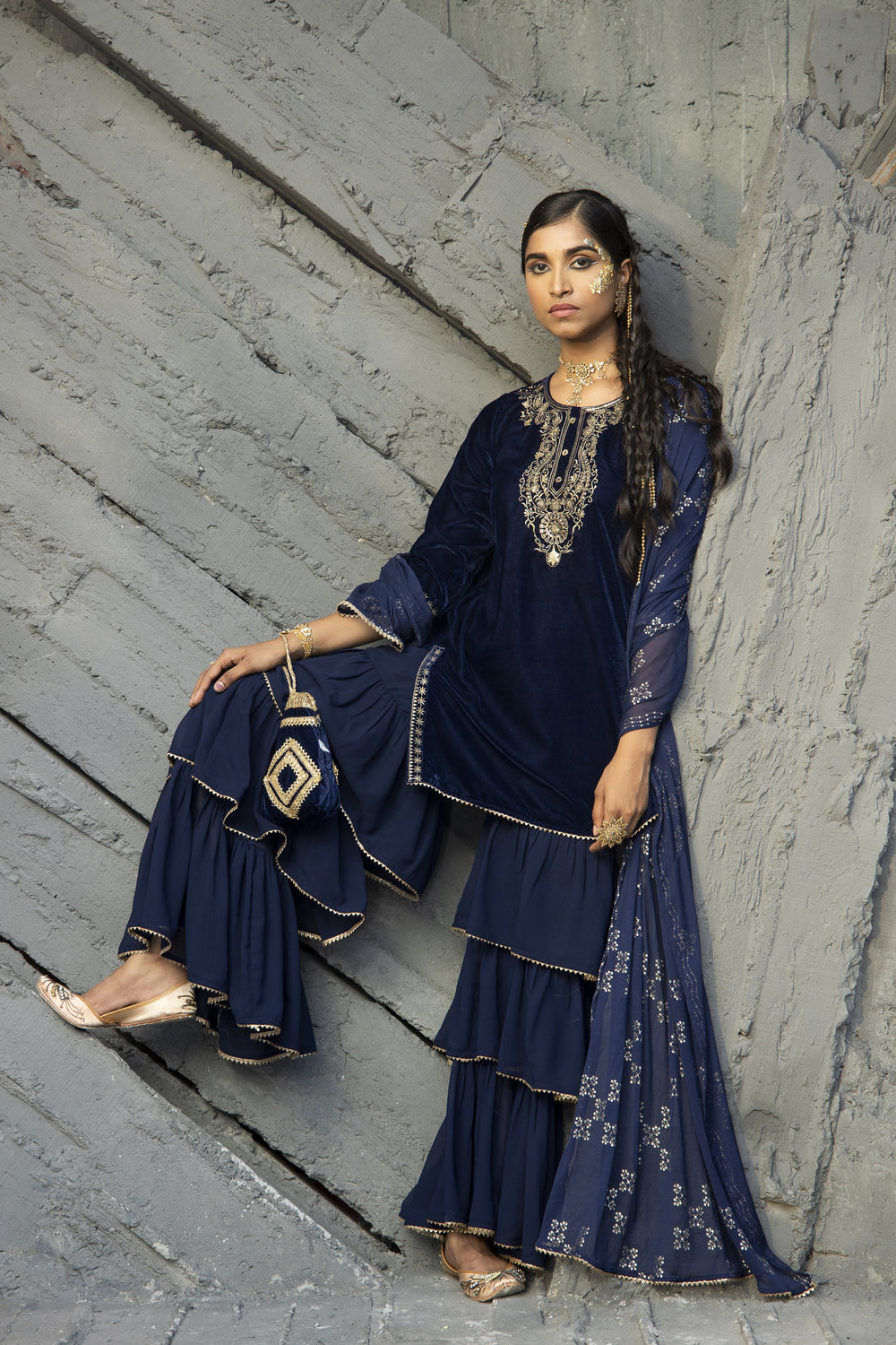 Juniper Blue Velvet Festive Solid Straight kurta Sharara Set For Women - Distacart