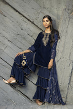 Juniper Blue Velvet Festive Solid Straight kurta Sharara Set For Women - Distacart