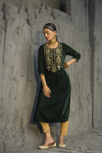 Juniper Green Velvet Festive Solid Embroidered Straight Kurta For Women - Distacart
