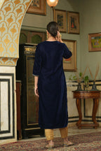Juniper Navy Velvet Festive Solid Embroidered Straight Kurta For Women - Distacart