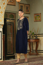 Juniper Navy Velvet Festive Solid Embroidered Straight Kurta For Women - Distacart