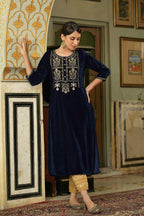 Juniper Navy Velvet Festive Solid Embroidered Straight Kurta For Women - Distacart