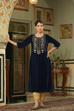 Juniper Navy Velvet Festive Solid Embroidered Straight Kurta For Women - Distacart