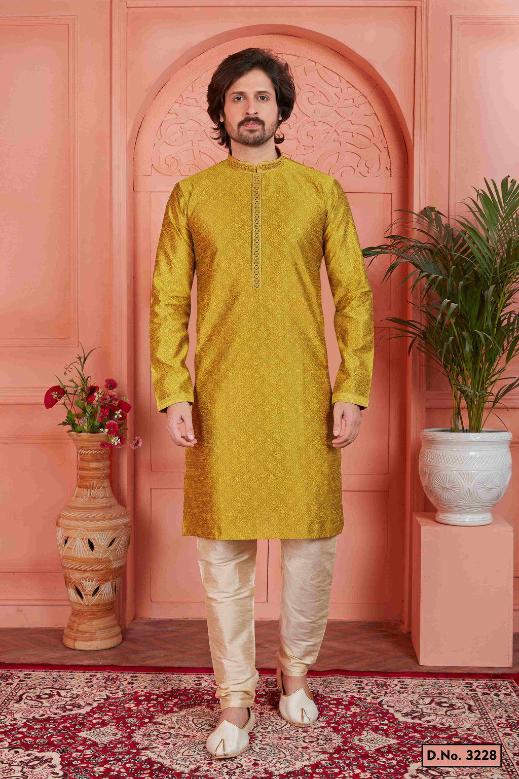 Raivat Ethnic Men's Jacquard Silk Brocade Mirror and Pintux Work Kurta Pyjama In Gold Colour - Distacart