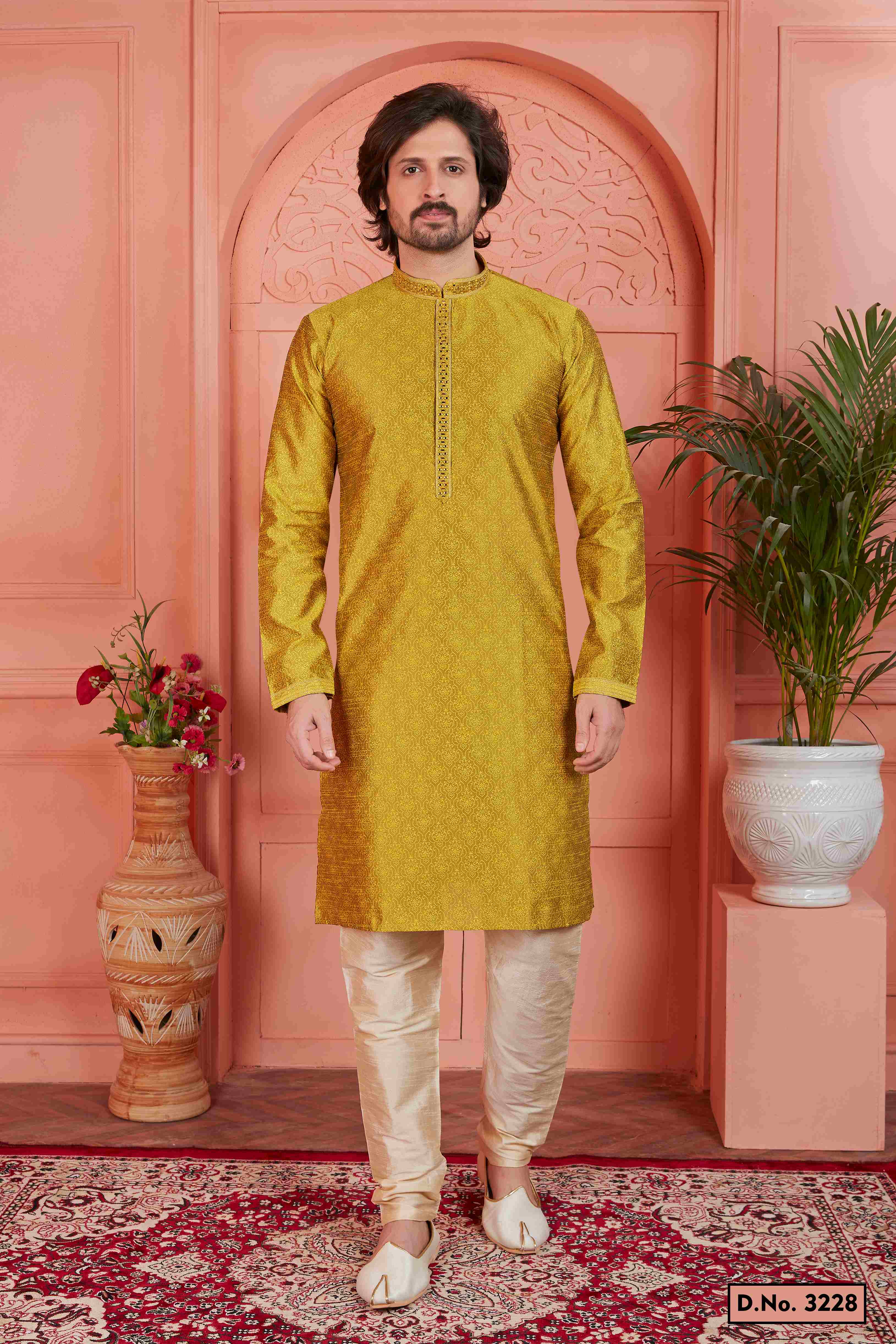 Raivat Ethnic Men's Jacquard Silk Brocade Mirror and Pintux Work Kurta Pyjama In Gold Colour - Distacart