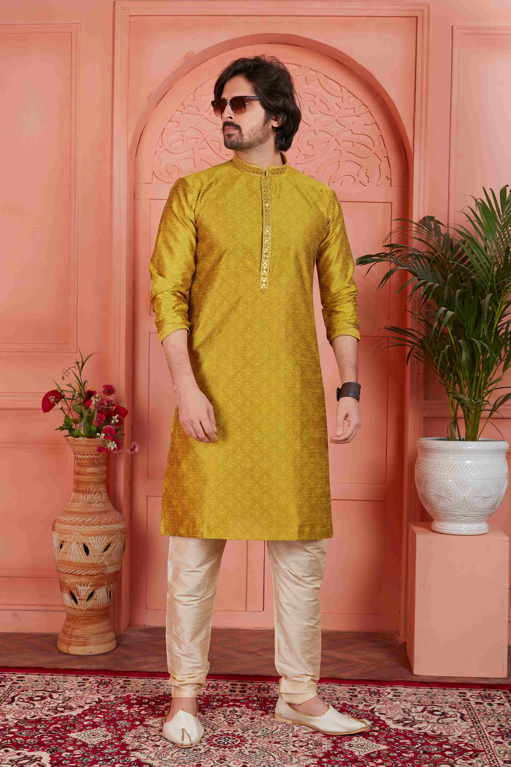 Raivat Ethnic Men's Jacquard Silk Brocade Mirror and Pintux Work Kurta Pyjama In Gold Colour - Distacart