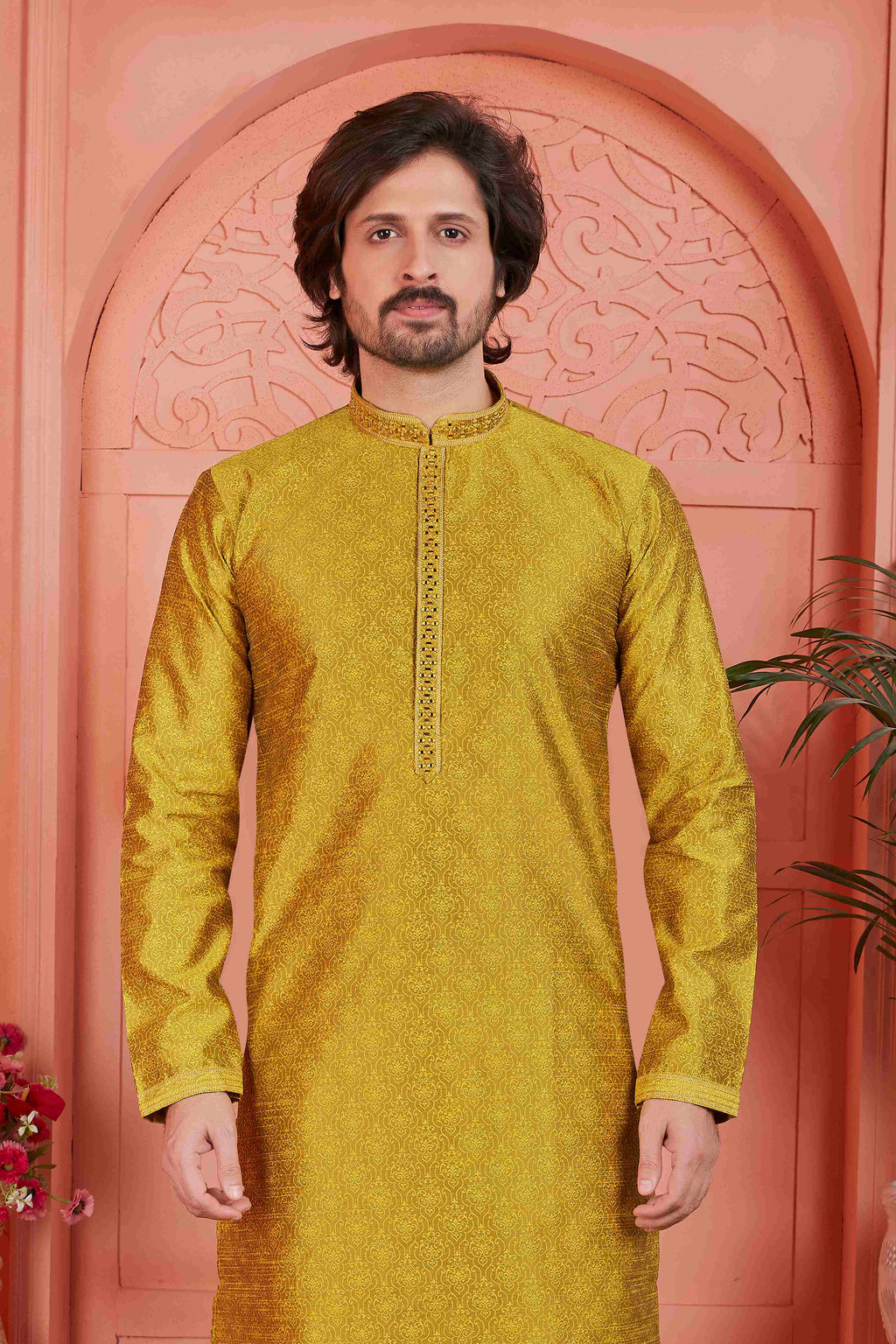 Raivat Ethnic Men's Jacquard Silk Brocade Mirror and Pintux Work Kurta Pyjama In Gold Colour - Distacart