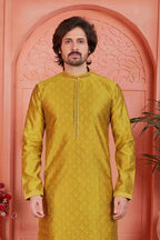 Raivat Ethnic Men's Jacquard Silk Brocade Mirror and Pintux Work Kurta Pyjama In Gold Colour - Distacart