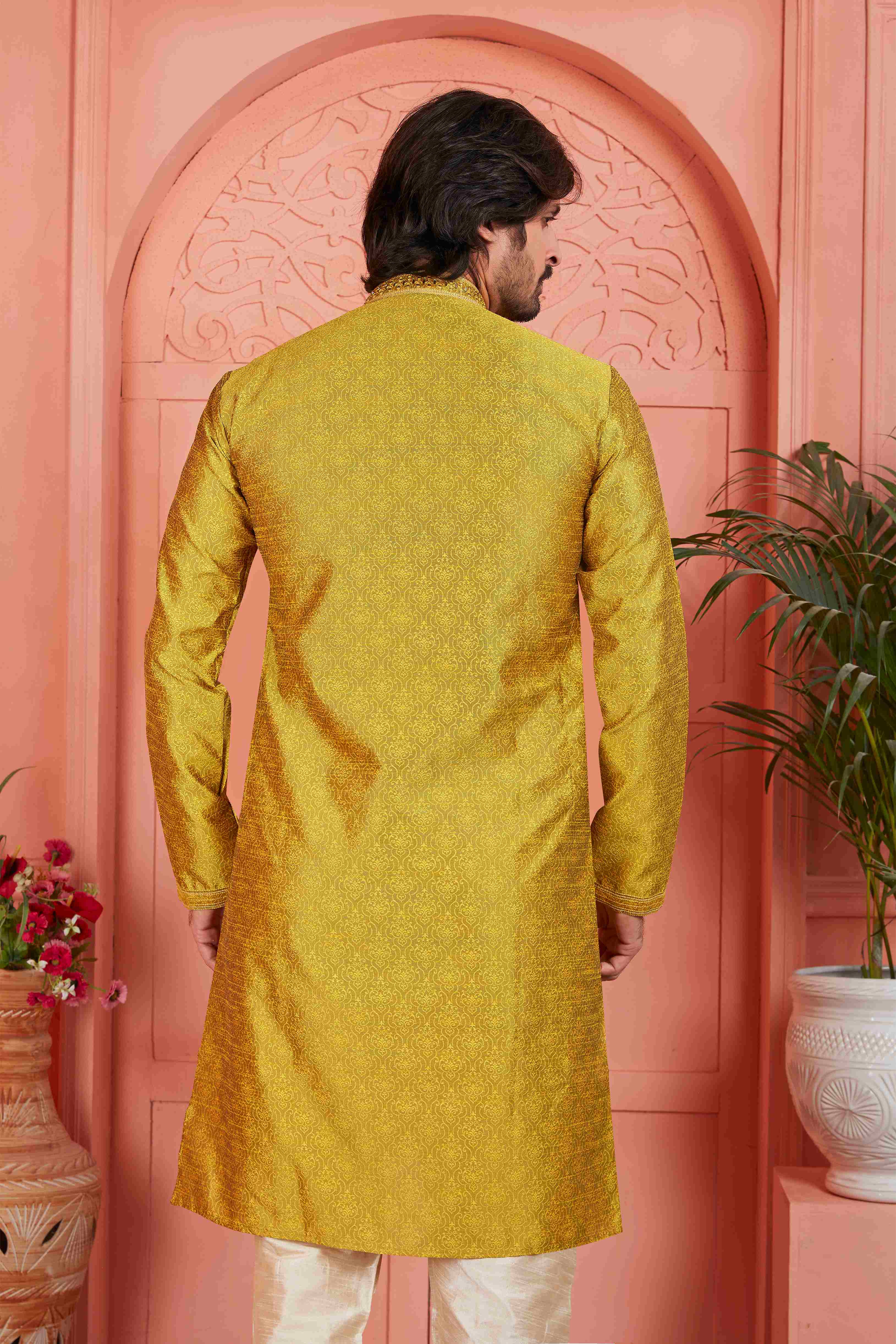 Raivat Ethnic Men's Jacquard Silk Brocade Mirror and Pintux Work Kurta Pyjama In Gold Colour - Distacart