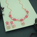Tehzeeb Creations Rose Gold-Polished Pink Colour Necklace With Stud