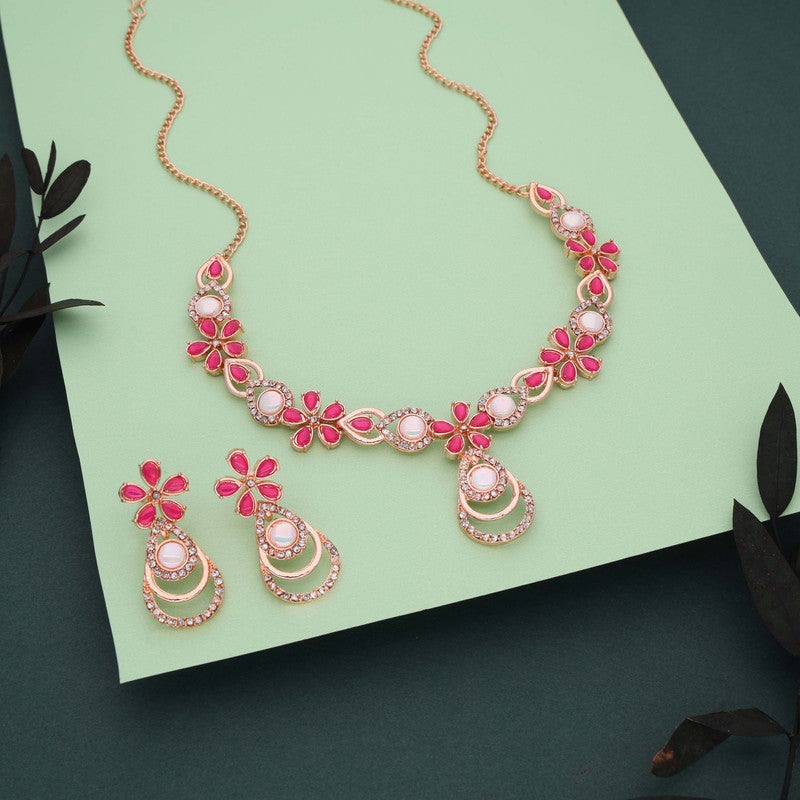 Tehzeeb Creations Rose Gold-Polished Pink Colour Necklace With Stud