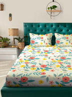 KLOTTHE White & Grey Floral Print 300 TC Fitted Double King Bedsheet With 2 Pillow Covers - Distacart