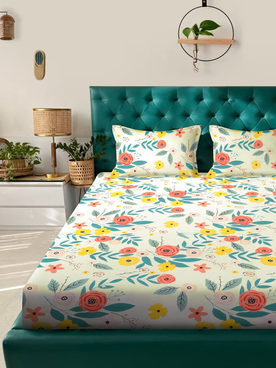 KLOTTHE White & Grey Floral Print 300 TC Fitted Double King Bedsheet With 2 Pillow Covers - Distacart