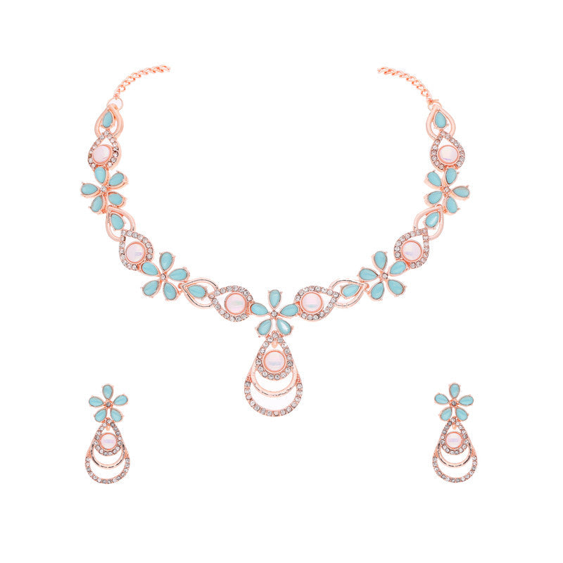 Tehzeeb Creations Rose Gold-Polished Sky Blue Colour Necklace With Stud