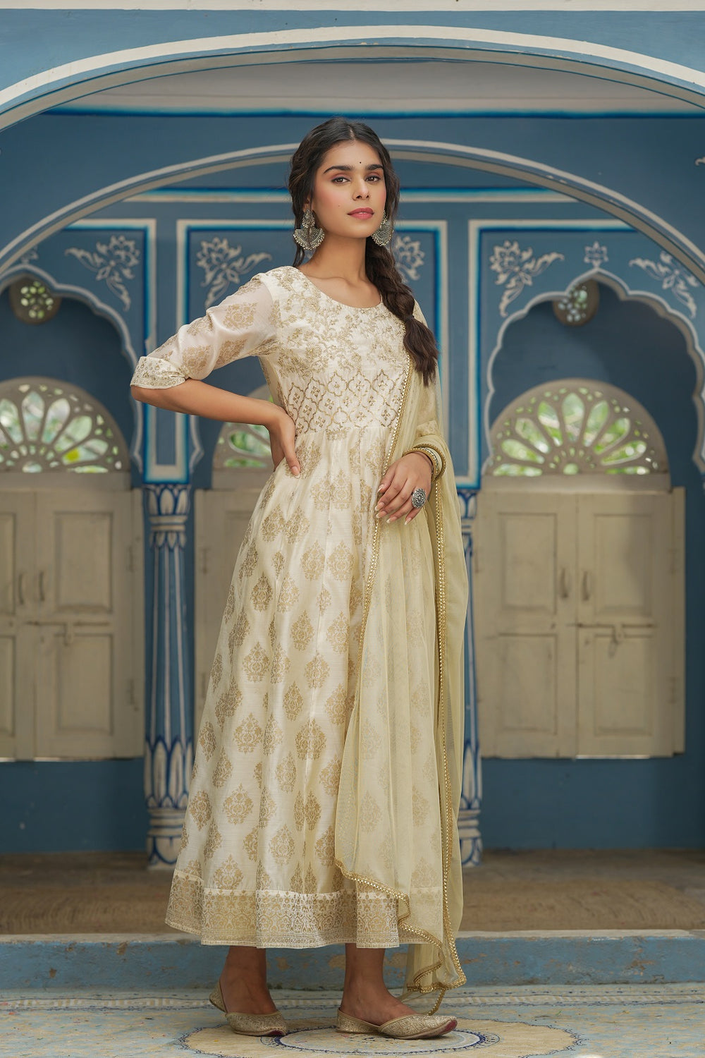 Juniper Beige Chanderi Festive Solid Embroidered Flared Maxi Dupatta For Women - Distacart