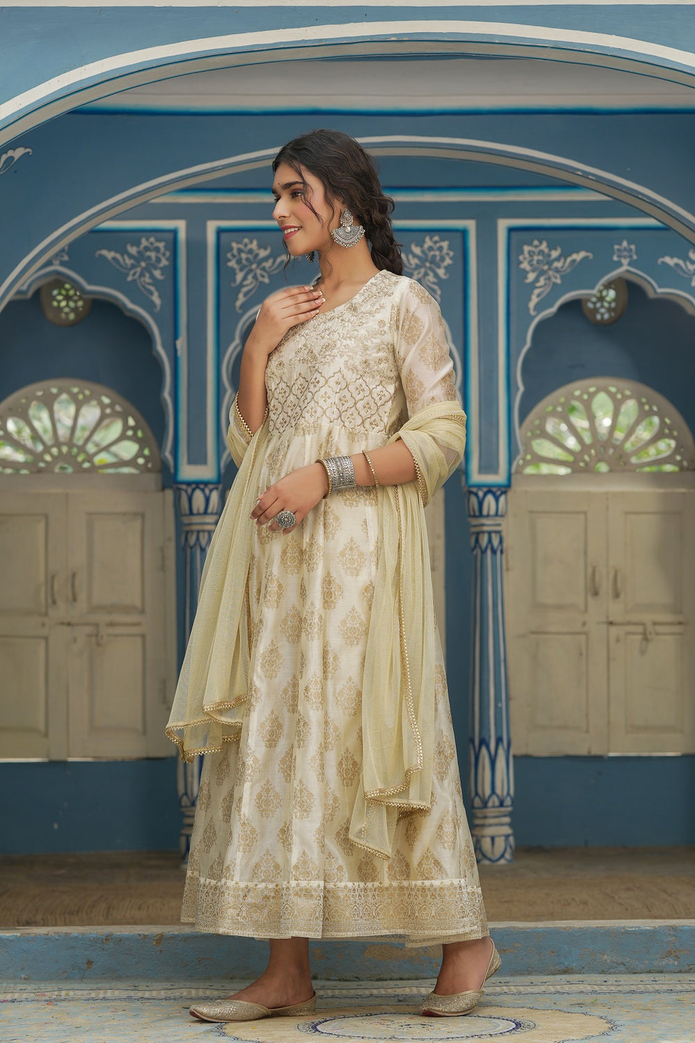 Juniper Beige Chanderi Festive Solid Embroidered Flared Maxi Dupatta For Women - Distacart