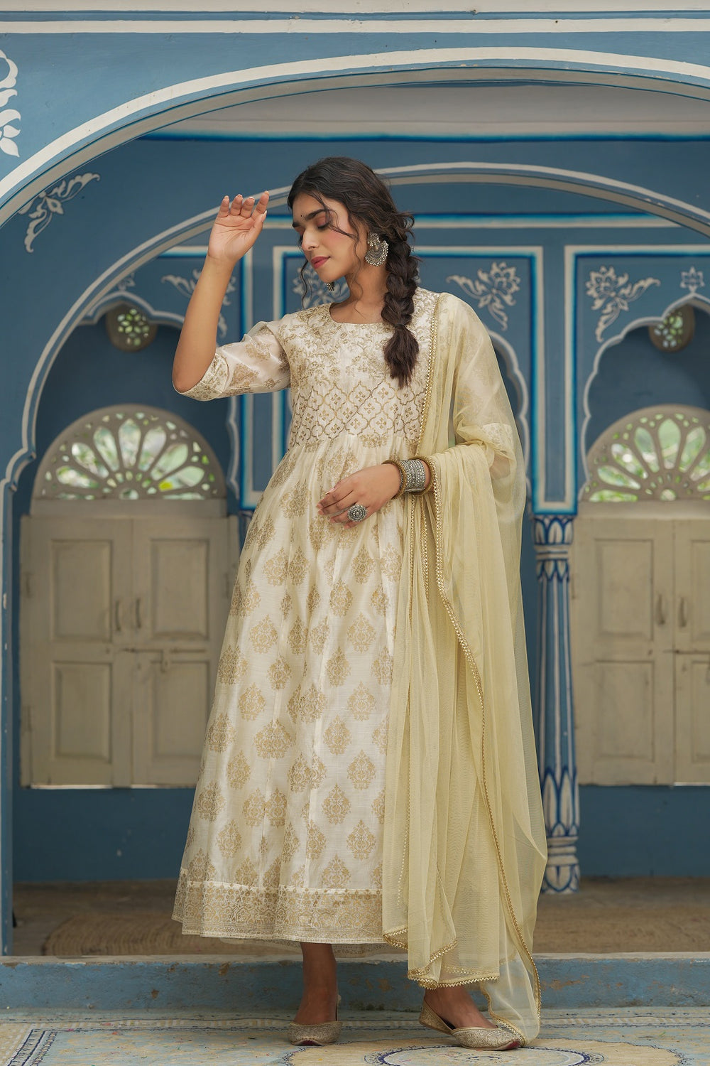Juniper Beige Chanderi Festive Solid Embroidered Flared Maxi Dupatta For Women - Distacart