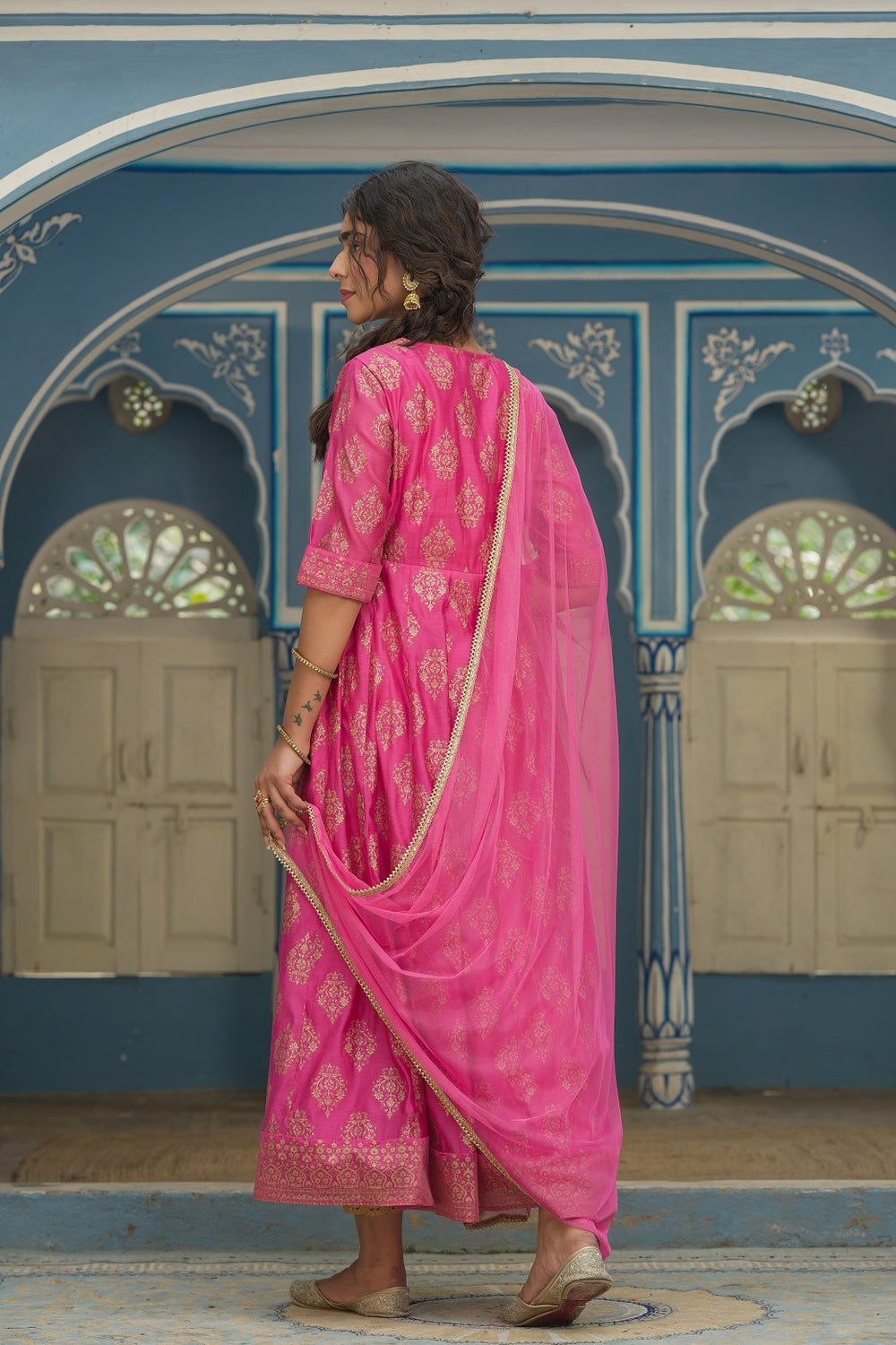 Juniper Pink Chanderi Festive Solid Embroidered Flared Maxi Dupatta For Women - Distacart