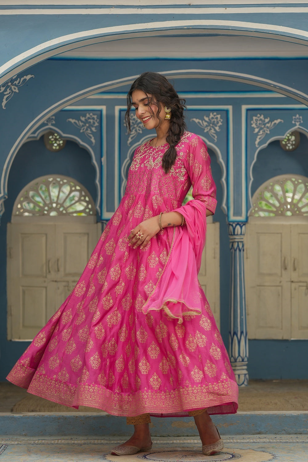 Juniper Pink Chanderi Festive Solid Embroidered Flared Maxi Dupatta For Women - Distacart