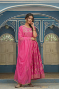 Juniper Pink Chanderi Festive Solid Embroidered Flared Maxi Dupatta For Women - Distacart