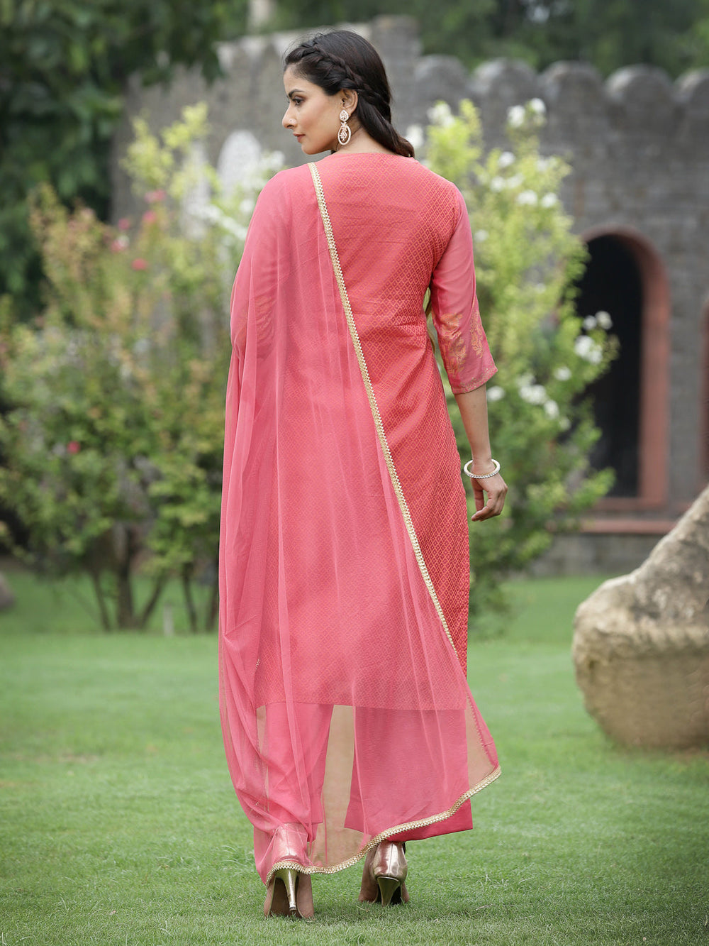Juniper Pink Chanderi Festive Embroidered Placement Printed Straight Kurta Set - Distacart