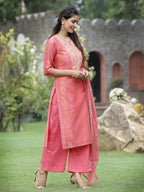 Juniper Pink Chanderi Festive Embroidered Placement Printed Straight Kurta Set - Distacart