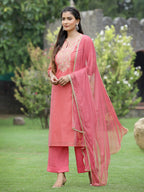Juniper Pink Chanderi Festive Embroidered Placement Printed Straight Kurta Set - Distacart