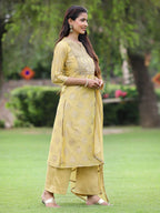 Juniper Mustard Chanderi Festive Embroidered Placement Printed A-line Kurta Set - Distacart