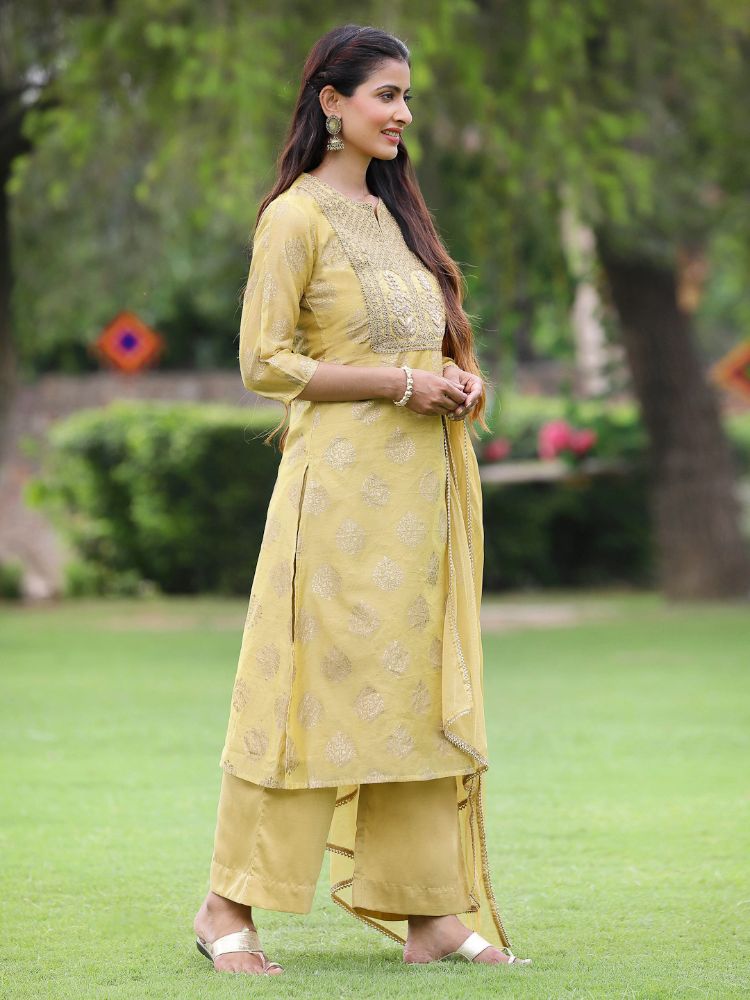 Juniper Mustard Chanderi Festive Embroidered Placement Printed A-line Kurta Set - Distacart