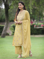 Juniper Mustard Chanderi Festive Embroidered Placement Printed A-line Kurta Set - Distacart