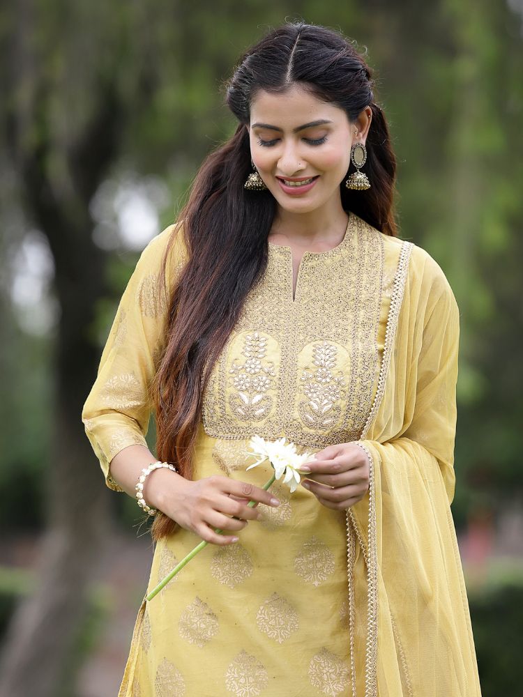 Juniper Mustard Chanderi Festive Embroidered Placement Printed A-line Kurta Set - Distacart