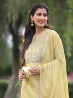 Juniper Mustard Chanderi Festive Embroidered Placement Printed A-line Kurta Set - Distacart