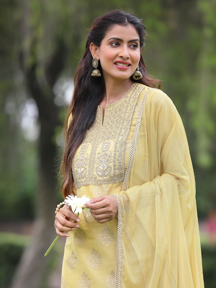 Juniper Mustard Chanderi Festive Embroidered Placement Printed A-line Kurta Set - Distacart