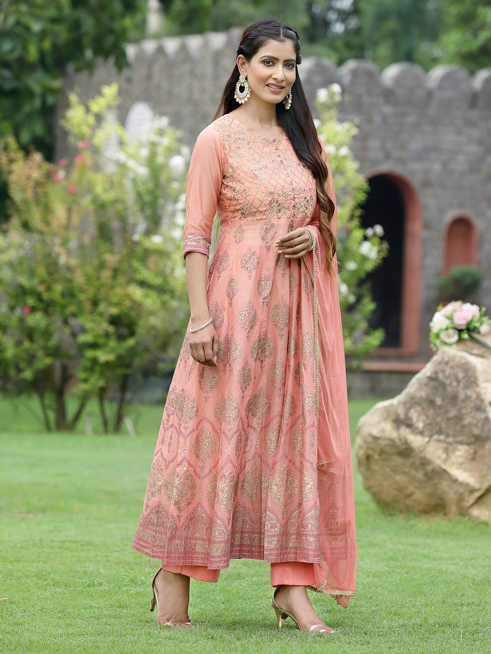 Juniper Peach Chanderi Festive Embroidered Floral Print Flared Kurta Set - Distacart