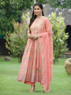 Juniper Peach Chanderi Festive Embroidered Floral Print Flared Kurta Set - Distacart